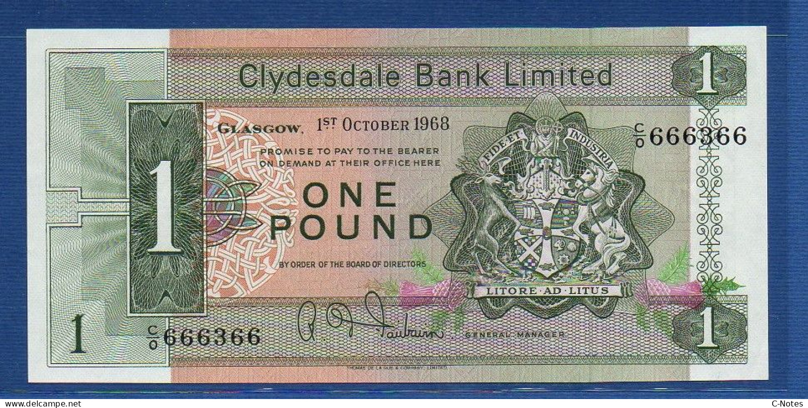 SCOTLAND - P.202 – 1 POUND 01.10.1968 XF+, S/n C/O 666366 Nice Serial - 1 Pond