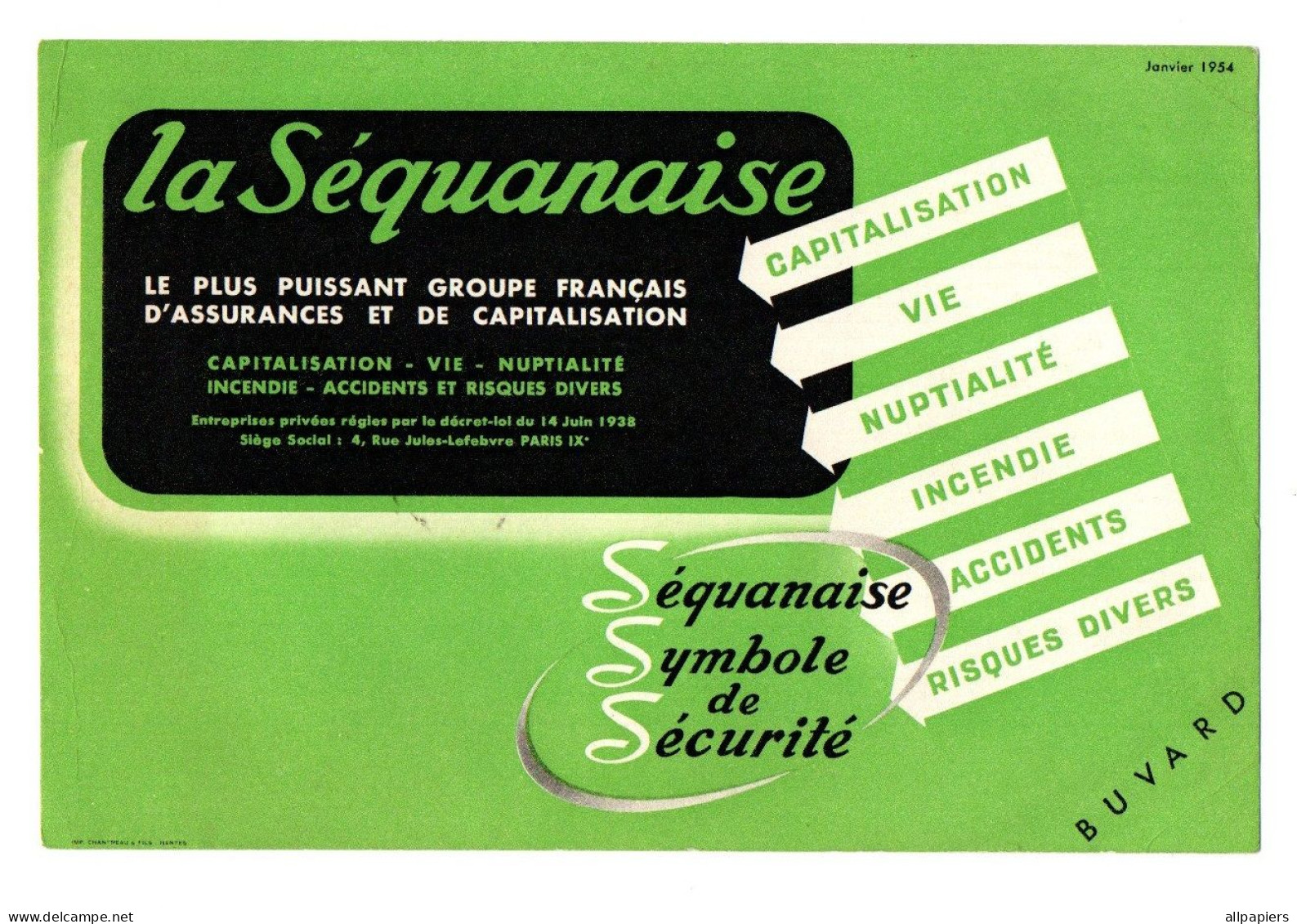 Buvard La Séquanaise Séquanaise Symbole De Sécurité - Format : 21x14 Cm - Bank & Insurance