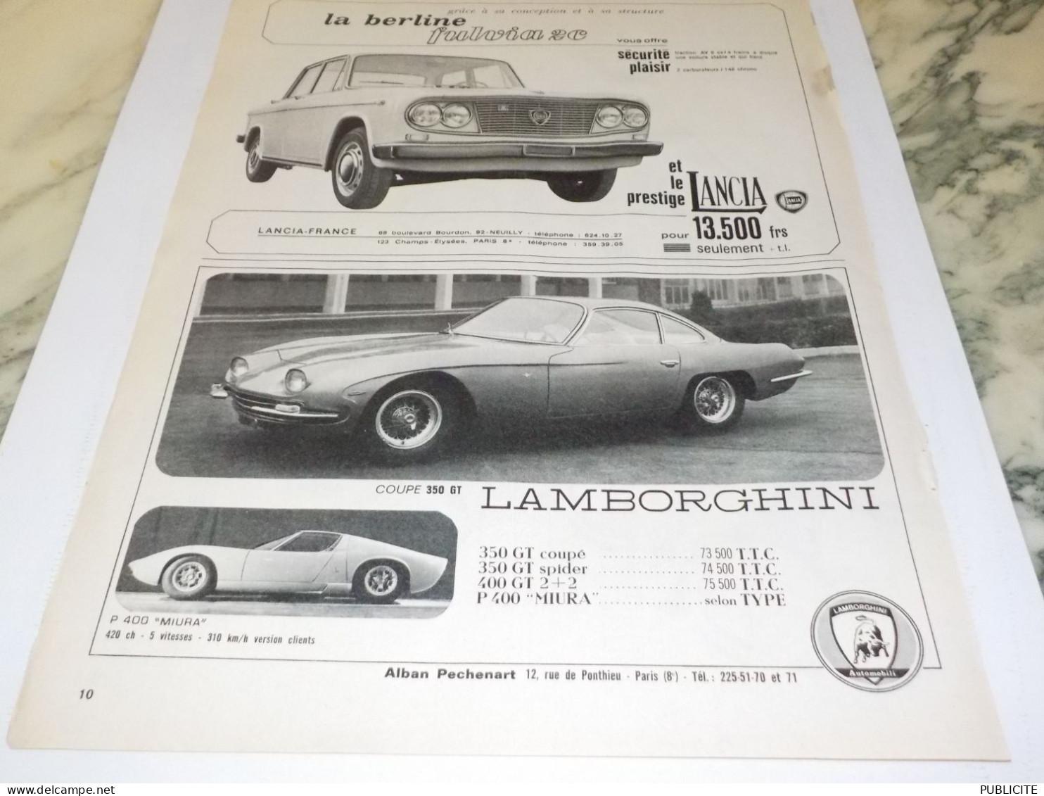 ANCIENNE  PUBLICITE LANCIA ET LAMBORGHINI 1966 - Voitures