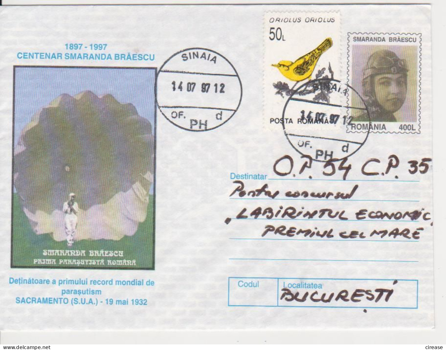 SMARANDA BRAESCU WORLD RECORD IN PARACHUTISM SACRAMENTO 1932 ROMANIA POSTAL STATIONERY - Parachutisme