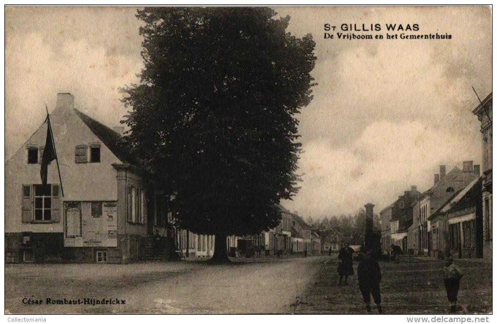 1908 Sint Gillis Waas  2 Oude Postkaarten  De Kronenhoek &  De Vrijboom  Gemeentehuis - Cesar Rombaut, Schilder - Sint-Gillis-Waas