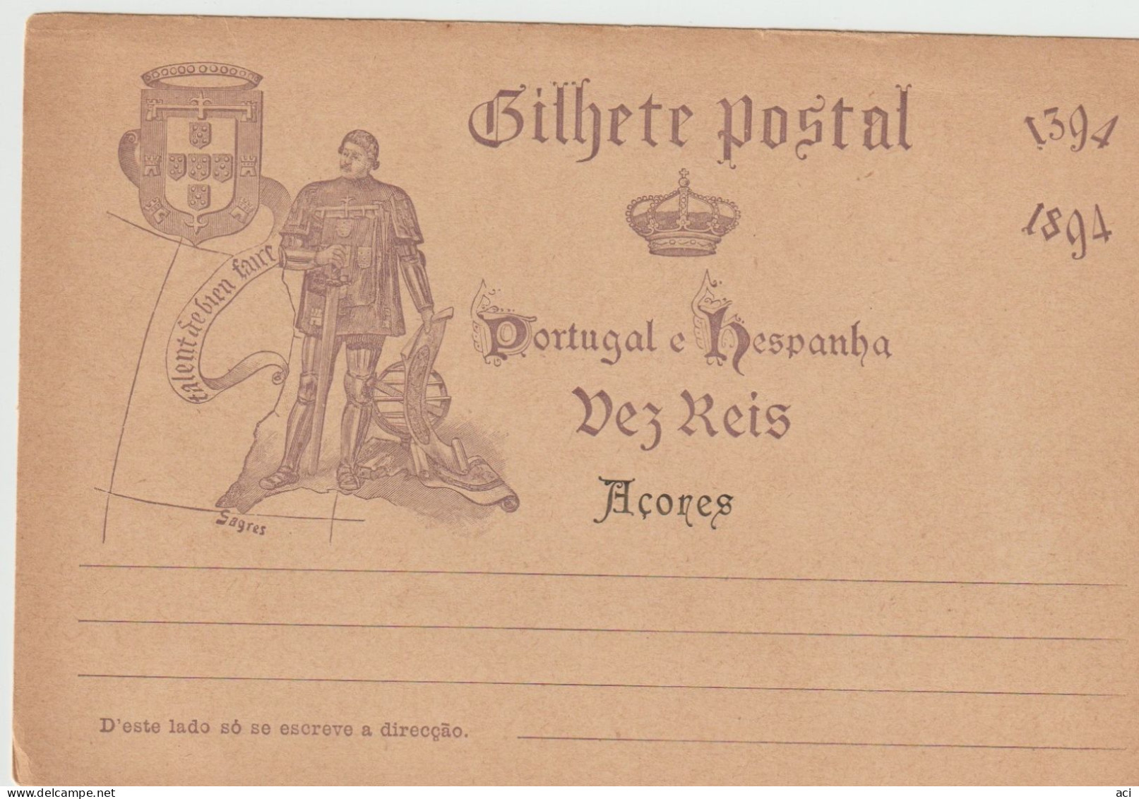 Portugal Azores 1894 Mint Postal Card, 10 Reis - Covers & Documents