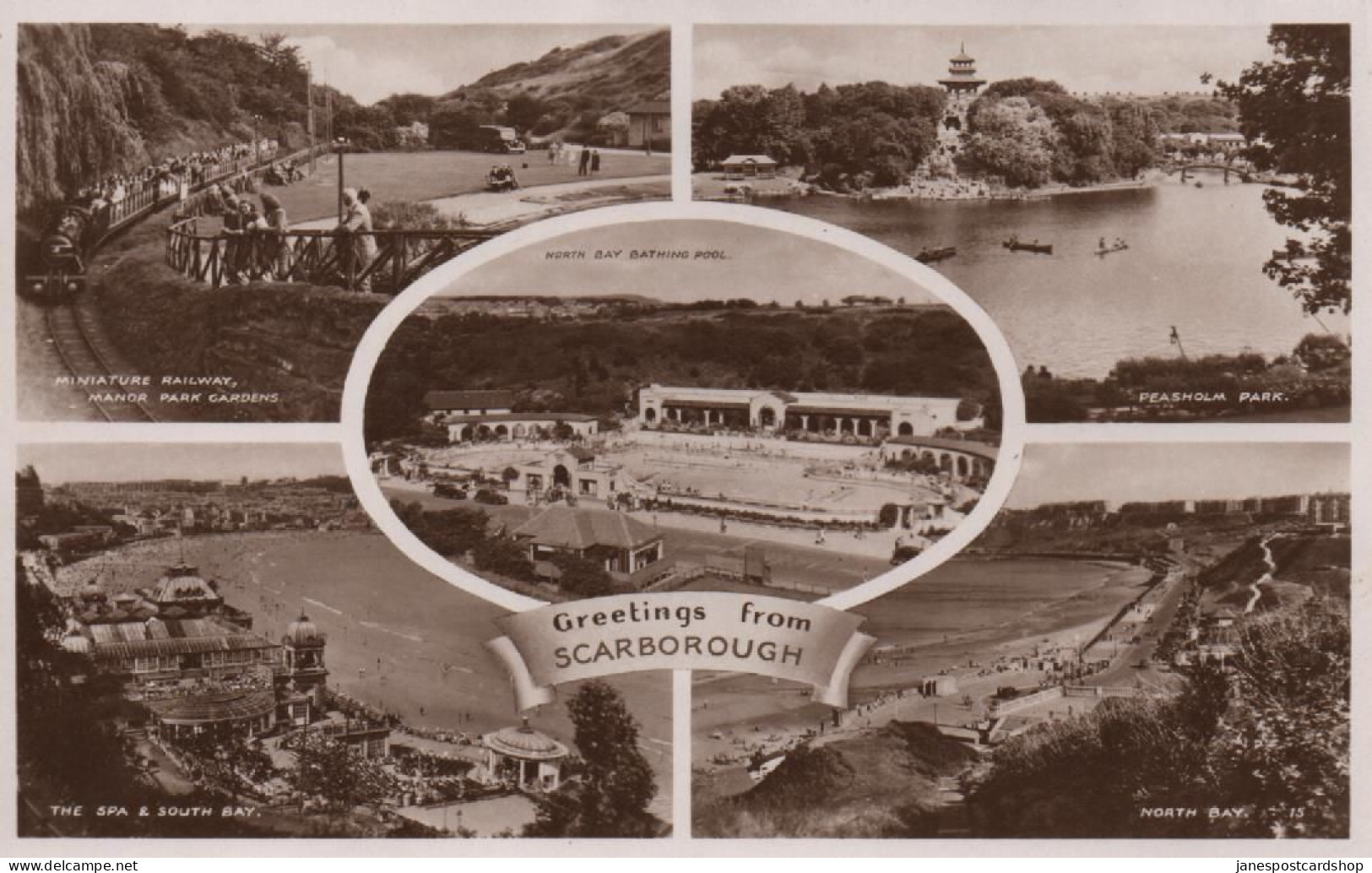 SCARBOROUGH MULTI-VIEW - REAL PHOTOGRAPHIC POSTCARD - MINIATURE RAILWAY - BATHING POOL - ETC - YORKSHIRE - Scarborough