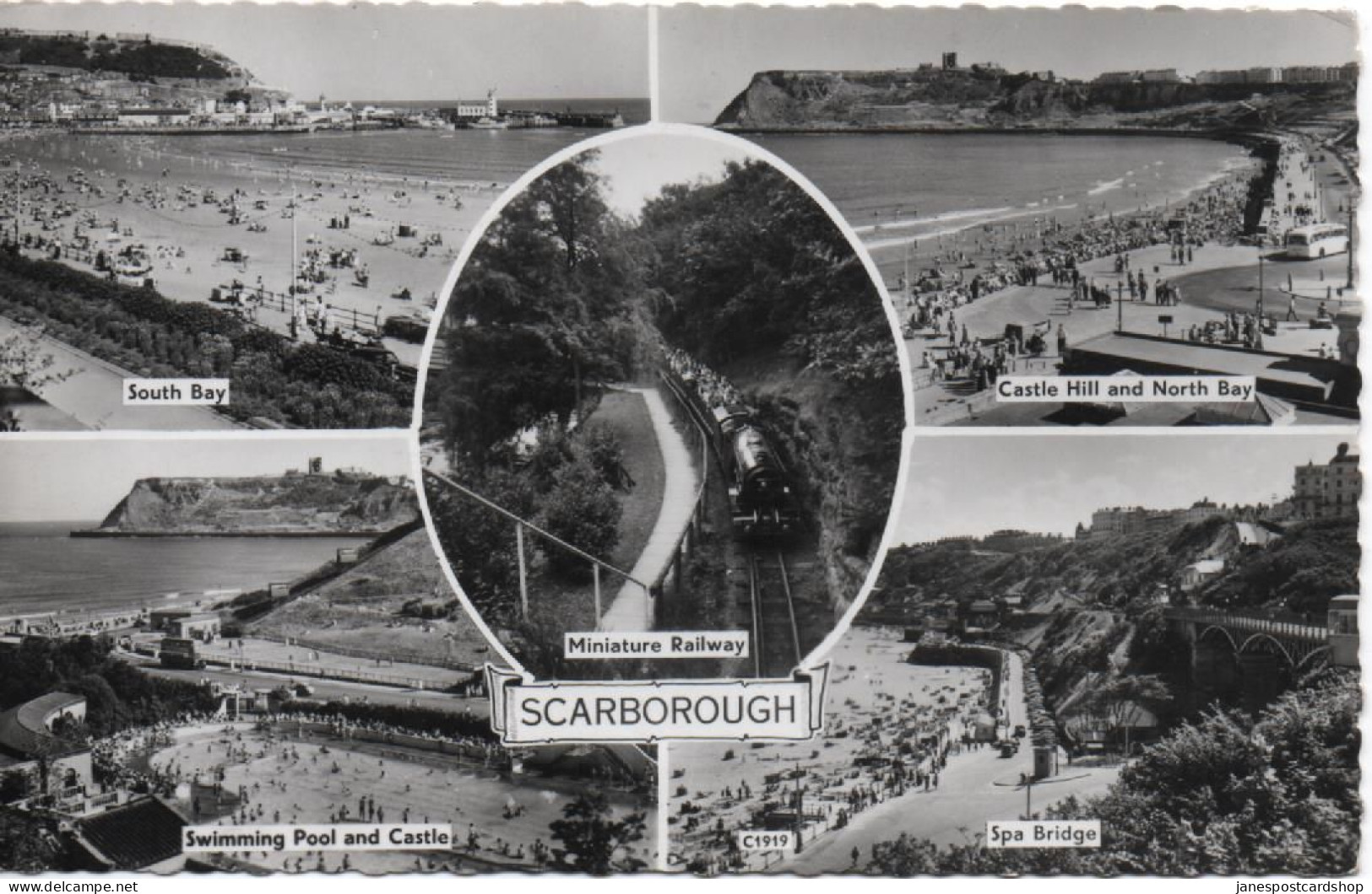 SCARBOROUGH MULTI-VIEW - REAL PHOTOGRAPHIC POSTCARD - MINIATURE RAILWAY - SWIMMING POOL - ETC - YORKSHIRE - Scarborough