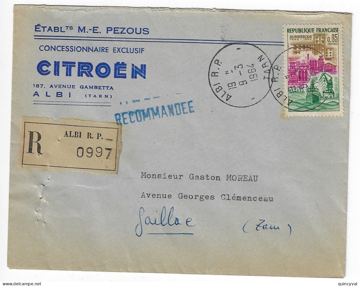 ALBI Tarn Lettre Recommandée Entête Concession CITROEN 95c Dunkerque Yv 1317 - Storia Postale