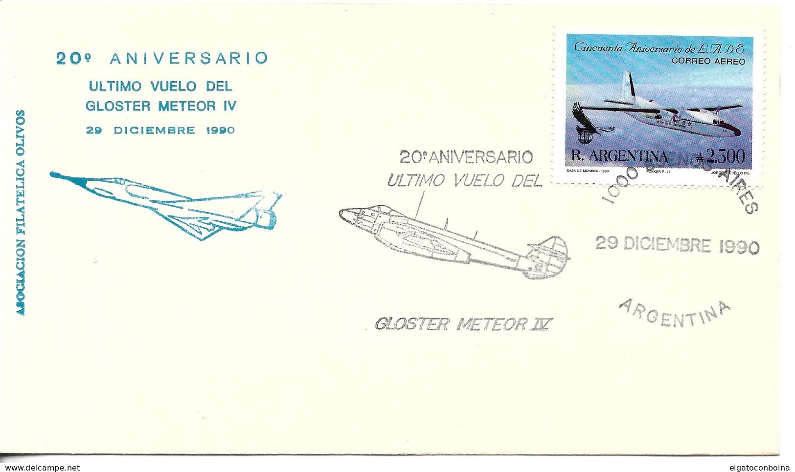 ARGENTINA 1990 COVER WITH SPECIAL POSTMARK LAST FLIGHT GLOSTER METEOR IV PLANE AVIATION - Gebruikt