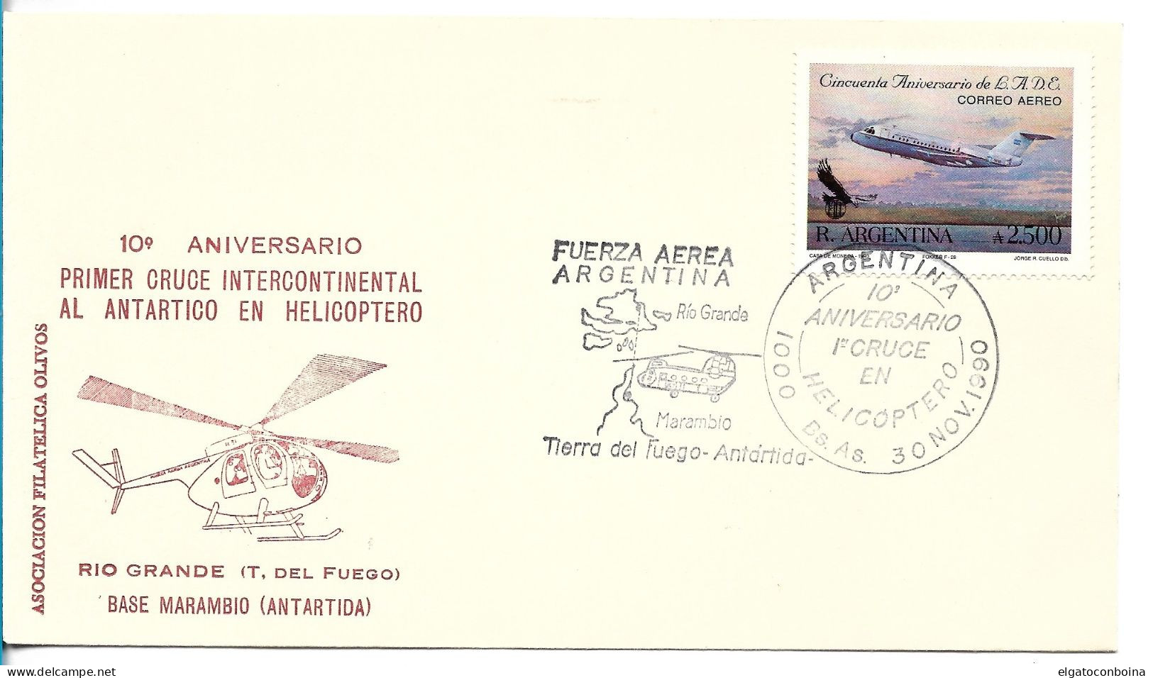 ARGENTINA 1990 COVER WITH SPECIAL POSTMARK FIRST HELICOPTER CROSSING AIR FORCE TIERRA DEL FUEGO, ANTARCTICA - Usati