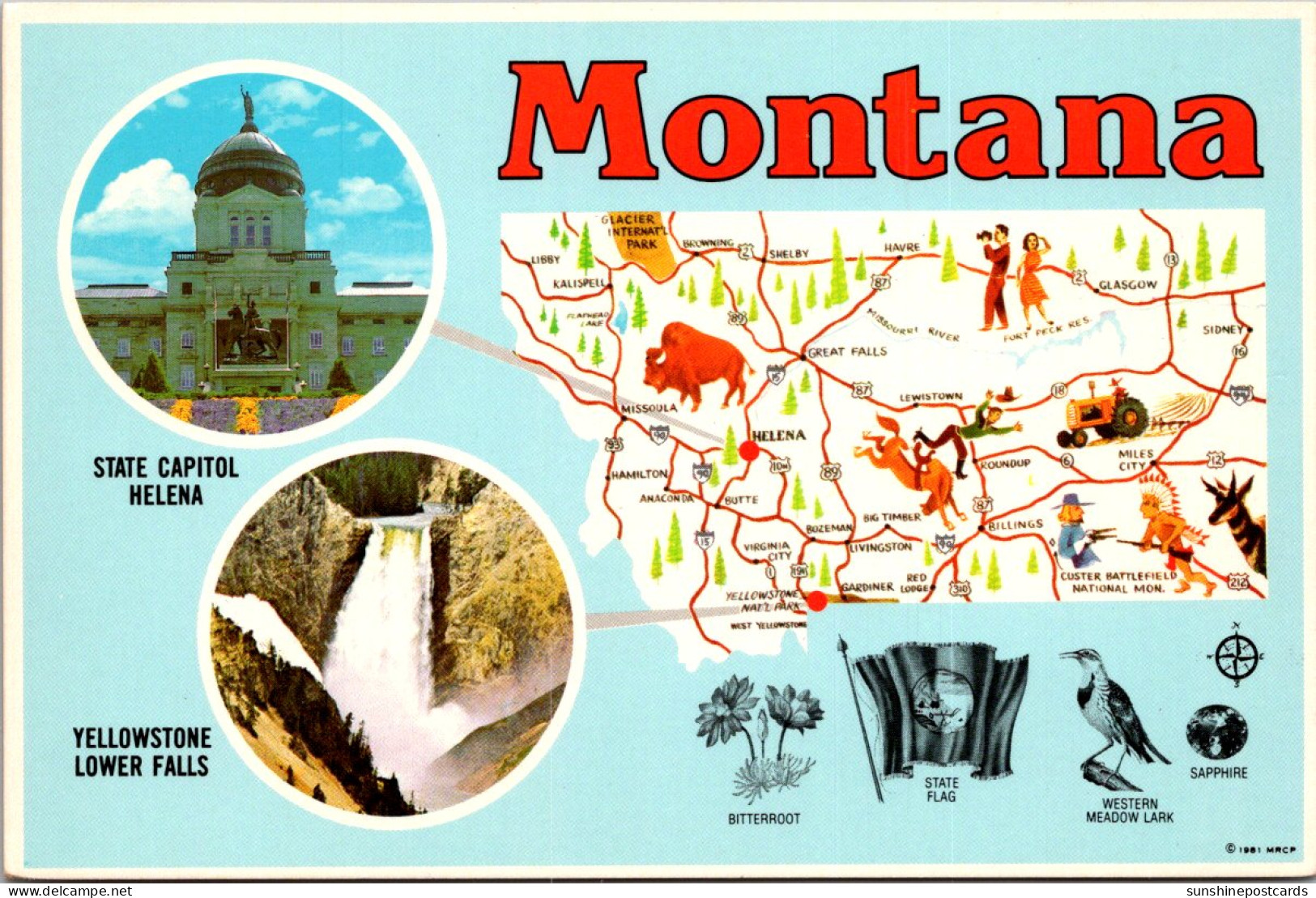 Montana Map With State Capitol Building And Yellowstone Lower Falls - Sonstige & Ohne Zuordnung