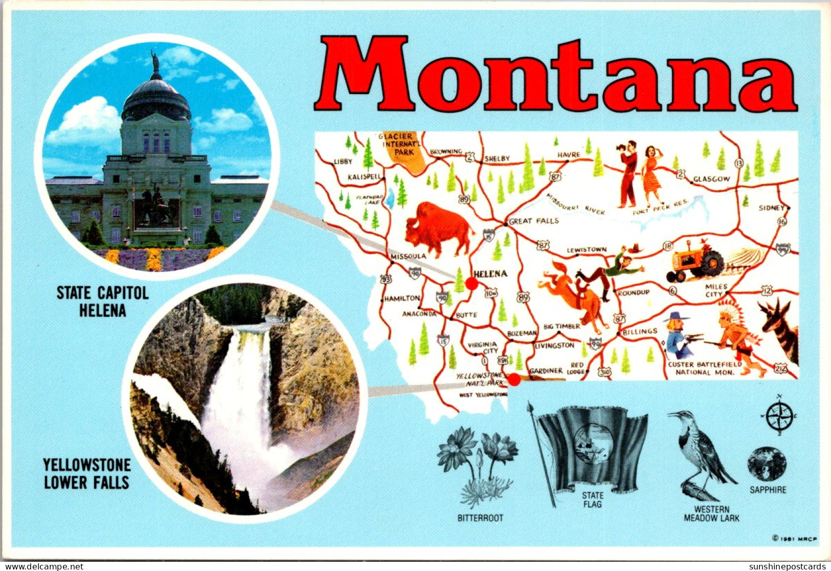 Montana Map With State Capitol Building And Yellowstone Lower Falls - Sonstige & Ohne Zuordnung