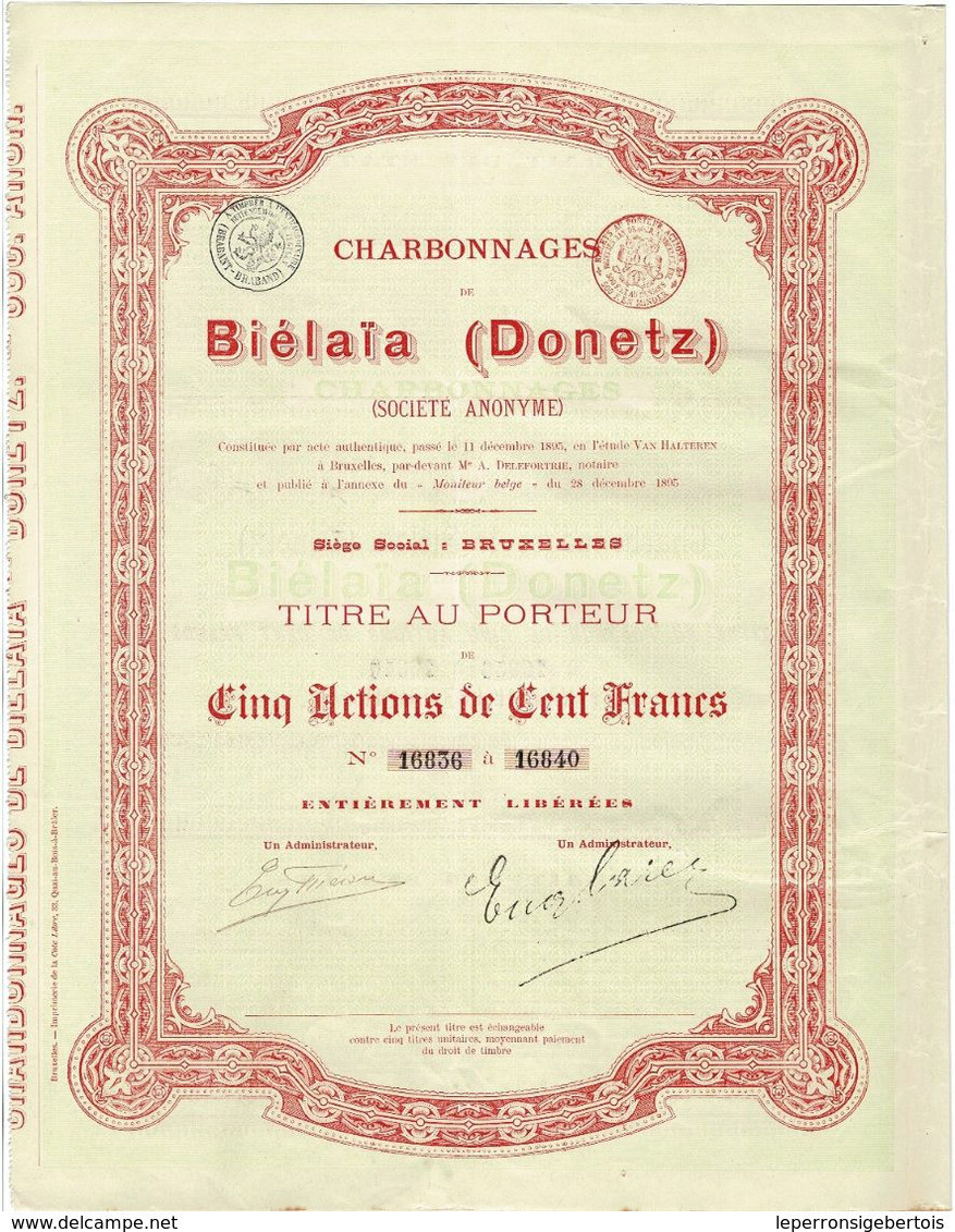 - Titre De 1895 - Charbonnages De Biélaïa (Donetz)  -  N°S 23361 à 23365 - Russia