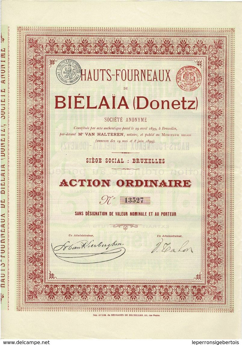 Ancienne Action - Hauts-Fourneaux De Biélaïa (Donetz) - Titre De 1899 - Titre N° 13529 EF - Russland