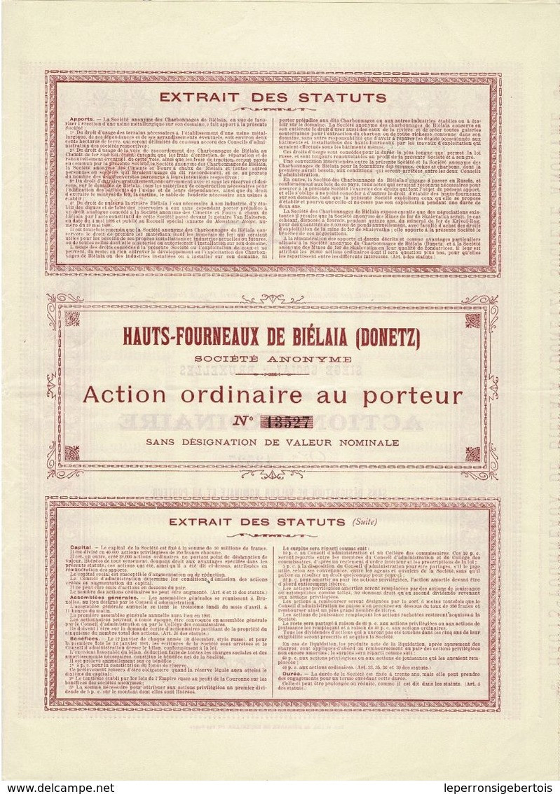 Ancienne Action - Hauts-Fourneaux De Biélaïa (Donetz) - Titre De 1899 - Titre N° 13529 EF - Russie