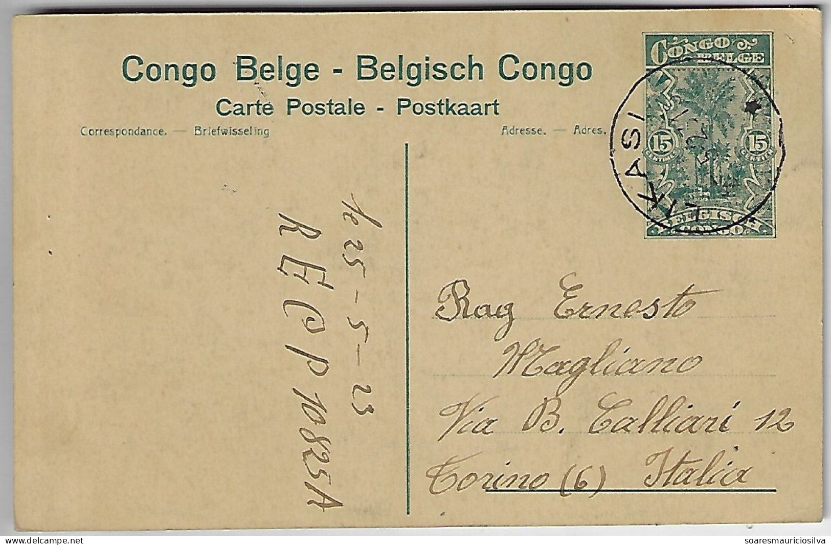 Belgian Congo 1923 Postal Stationery Card Stamp 15 Cents Photo Mammal Okapi Relative Giraffe from Likasi To Torino Italy - Giraffen