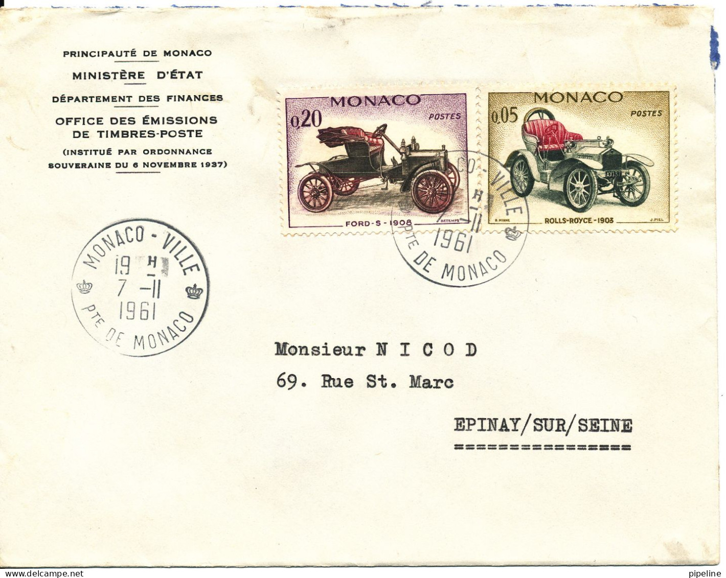 Monaco Cover Sent To France Monte Ville 7-11-1961 Topic Stamps OLD CARS - Storia Postale