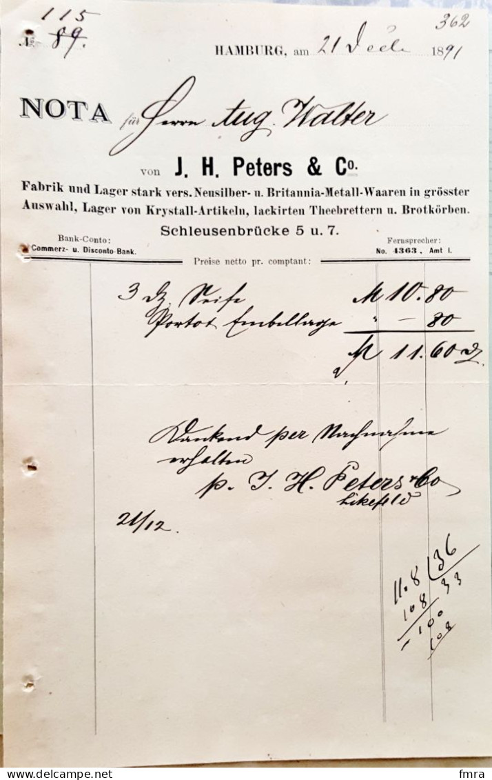 ► Facture 1891 HAMBURG J.H. PETERS & Co Metall-Waaren Krystall-Artikeln Brotkörben ...  1891/F61 - 1800 – 1899