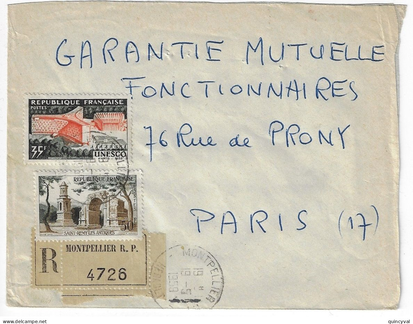 MONTPELLIER Hérault Lettre Recommandée 50 F St Rémy De Provence 35F Palais UNESCO Yv 1130 1178 Ob 1959 - Covers & Documents