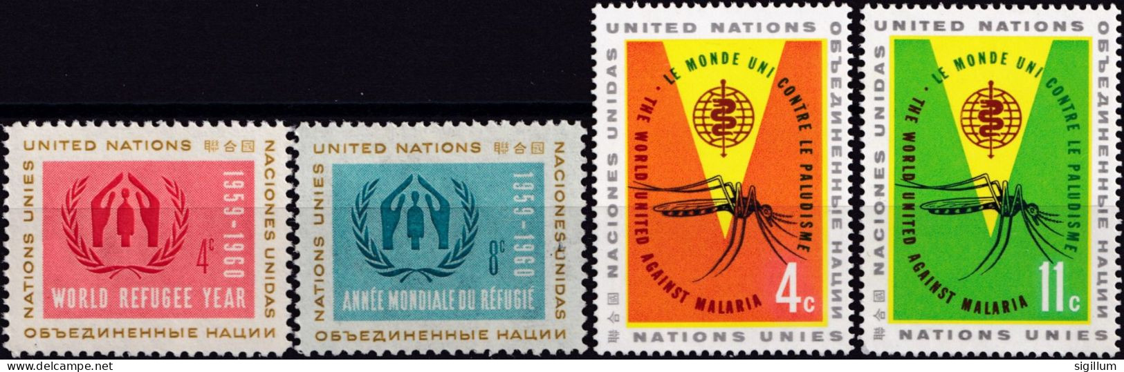 ONU NAZIONI UNITE NEW YORK 1959/62 - ANNO DEL RIFUGIATO + LOTTA CONTRO LA MALARIA- 2 SERIE COMPLETE NUOVE MNH** - Unused Stamps