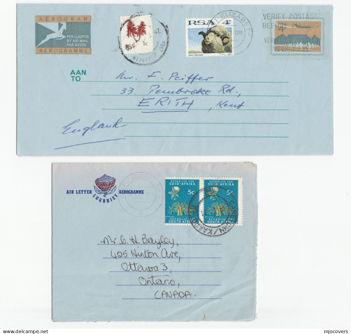 South Africa AEROGRAMMES  To Canada & GB , Cover Stamps Postal Stationery Aerogramme - Lettres & Documents