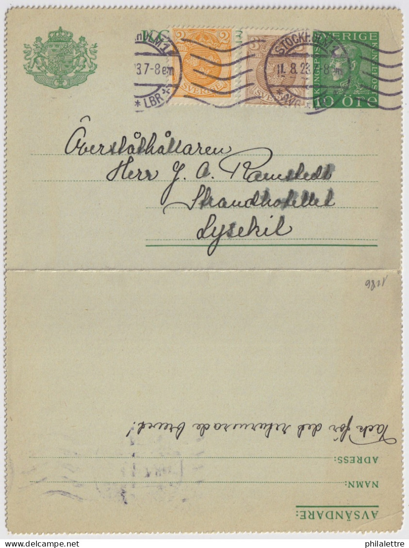 SWEDEN - 1923 Letter-Card Mi.K22 Uprated Facit F72a & F73a From Stockholm To Lysekil - Cartas & Documentos