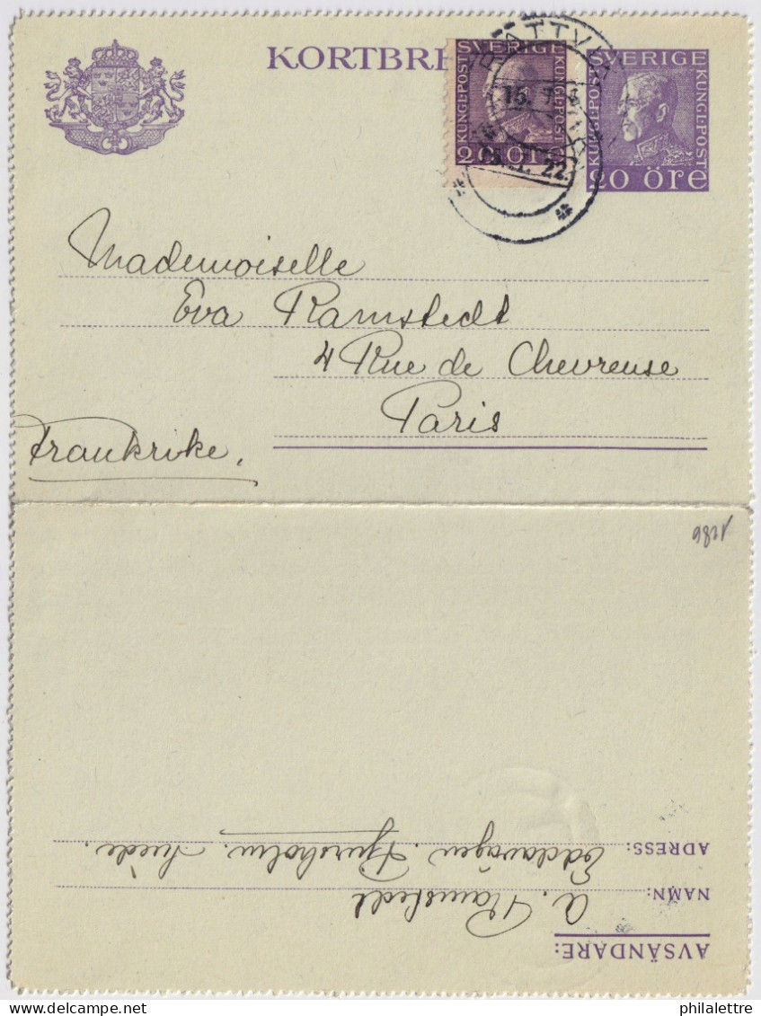 SWEDEN - 1922 Letter-Card Mi.K24Wb (p.12) Uprated Facit F179A From RÄTTVIK To PARIS, Fance - Briefe U. Dokumente