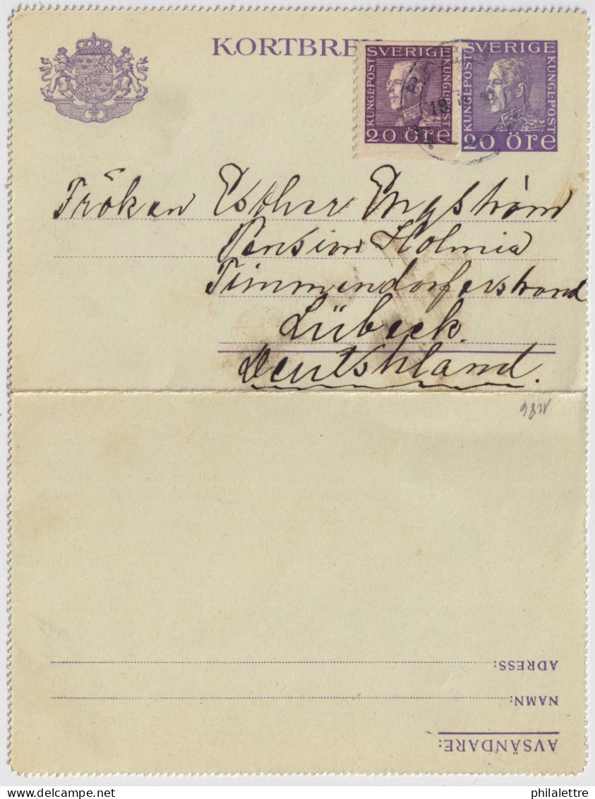 SWEDEN - 1922 Letter-Card Mi.K24Wb (p.12) Uprated Facit F179A To LÜBECK, Germany - Brieven En Documenten