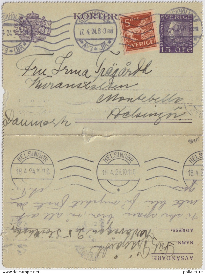 SWEDEN - 1924 Letter-Card Mi.K23a Uprated Facit F142A From Sockholm To HELSINGØR, Denmark (a) - Storia Postale