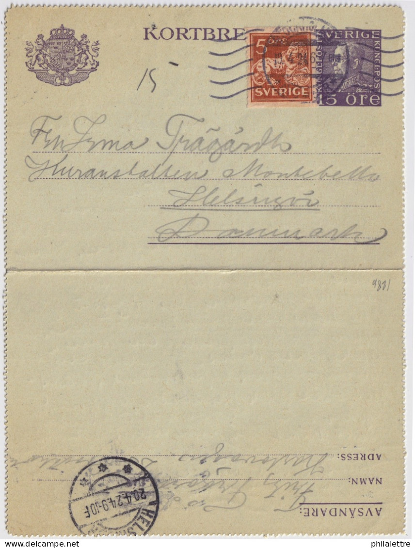 SWEDEN - 1924 Letter-Card Mi.K23a Uprated Facit F142A From Sockholm To HELSINGØR, Denmark (b) - Cartas & Documentos