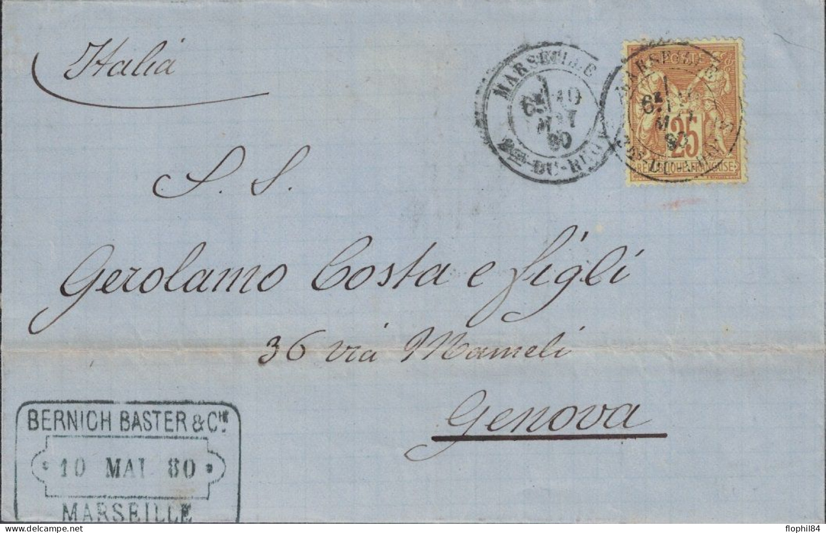 SAGE - N°92 - MARSEILLE - B-D-R - LE 10-05-1880 - LETTRE POUR GENOVA ITALIE - VERSO AMBULANT ITALIEN. - 1877-1920: Semi Modern Period