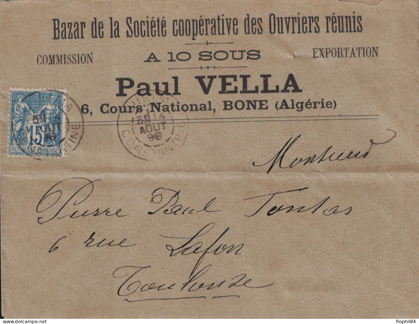 SAGE - N°90 - GUELMA - ALGERIE - LETTRE ENTETE BAZAR DE LA STé COOPERATIVE DES OUVRIERS REUNIS A 10 SOUS - PAUL VELLA BO - 1877-1920: Semi Modern Period