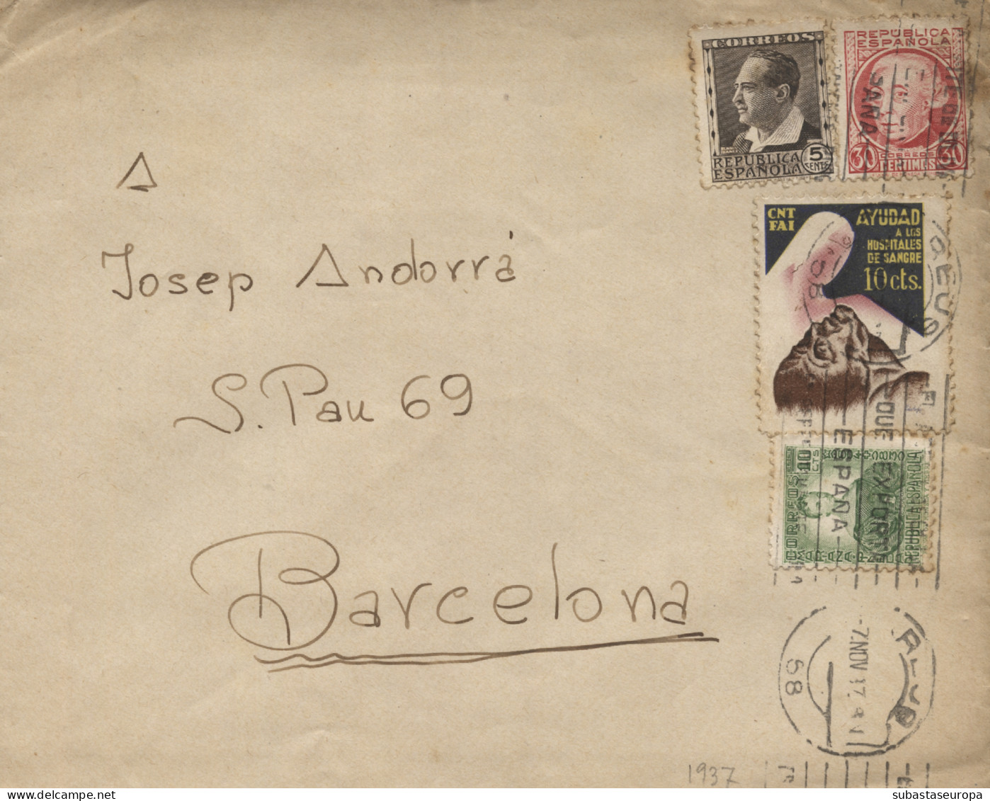 Carta Procedente Del Archivo "Andorrà", Con Franqueo De Viñeta Política. Circulada De Reus A Barcelona, El 7/11/37. - Marques De Censures Républicaines