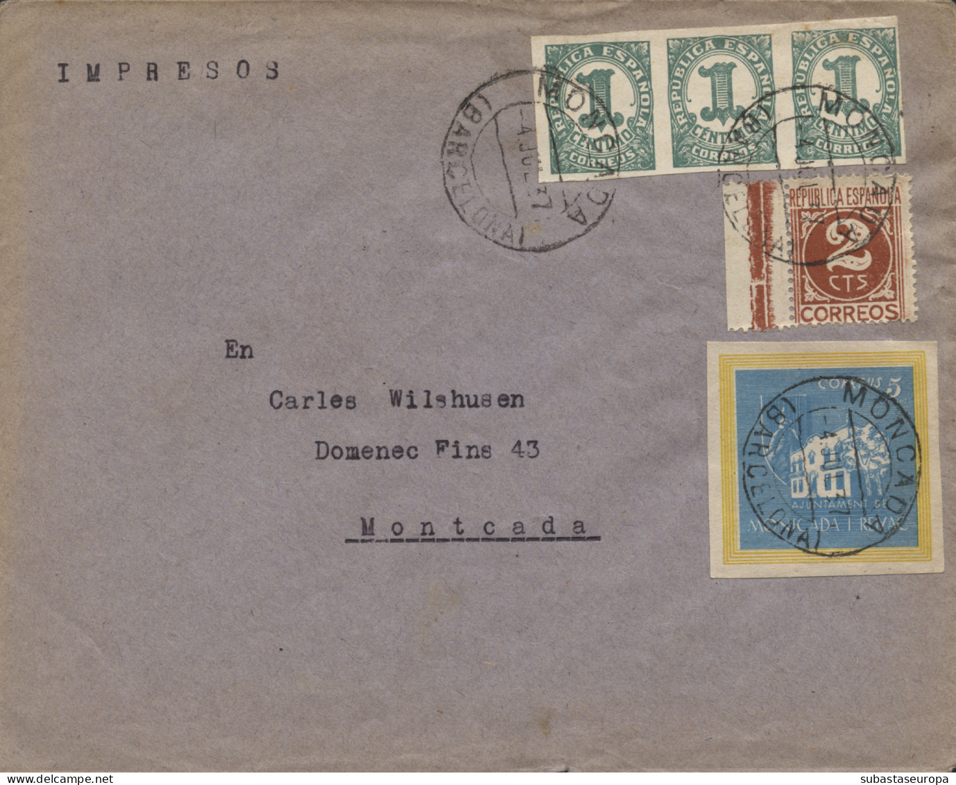 Carta Franqueada Con Viñeta De Montcada, Año 1937. - Marques De Censures Républicaines