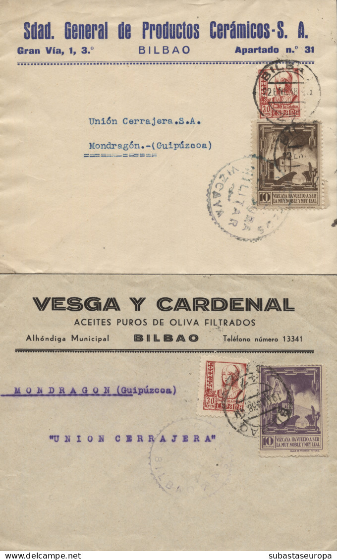 2 Cartas Circulada De Bilbao A Mondragón. Con Viñeta Local. Año 1938. - Bolli Di Censura Repubblicana