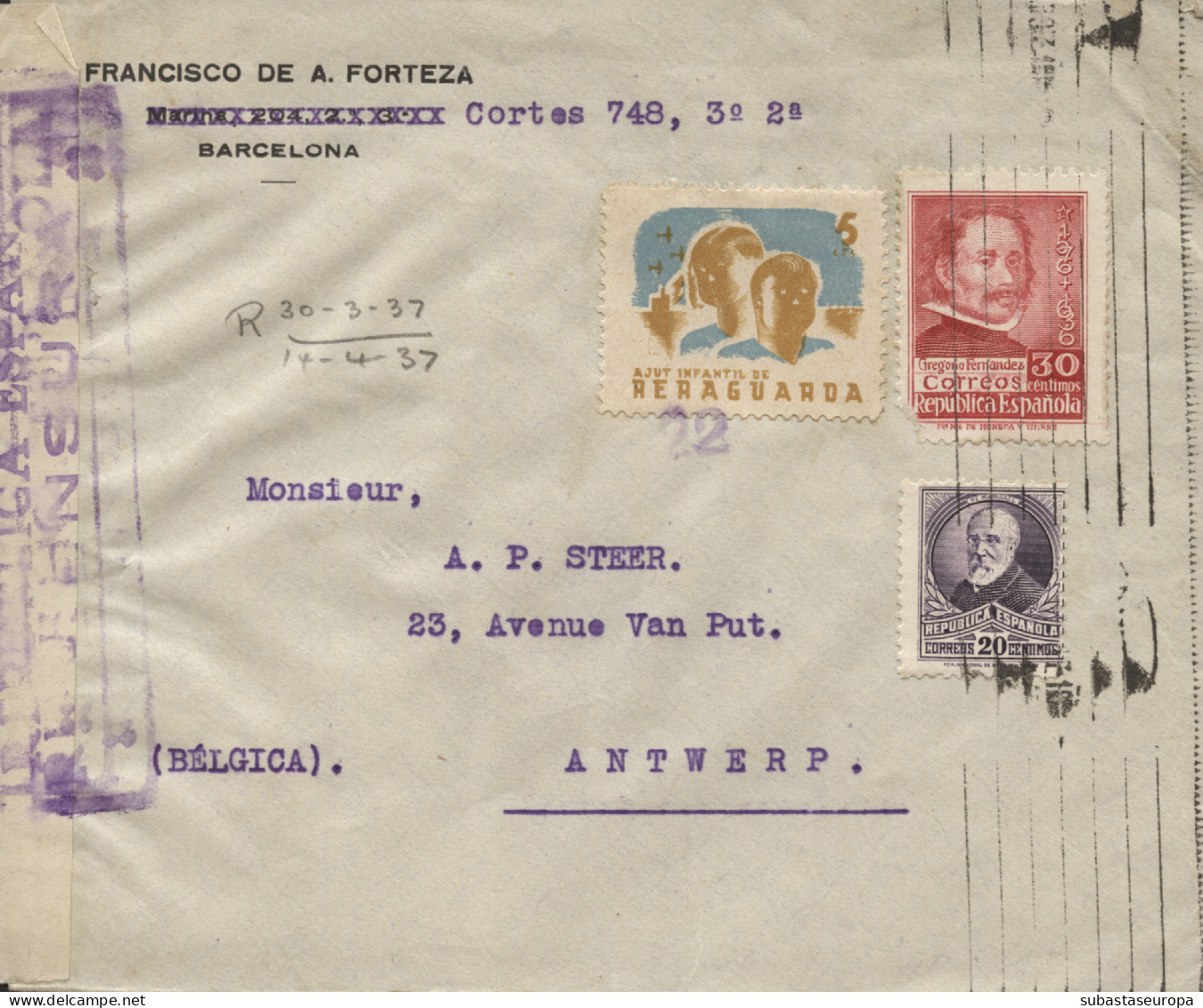 Carta Circulada A Bélgica, Con Viñeta "Ajut Infantil De Reraguarda". - Marques De Censures Républicaines