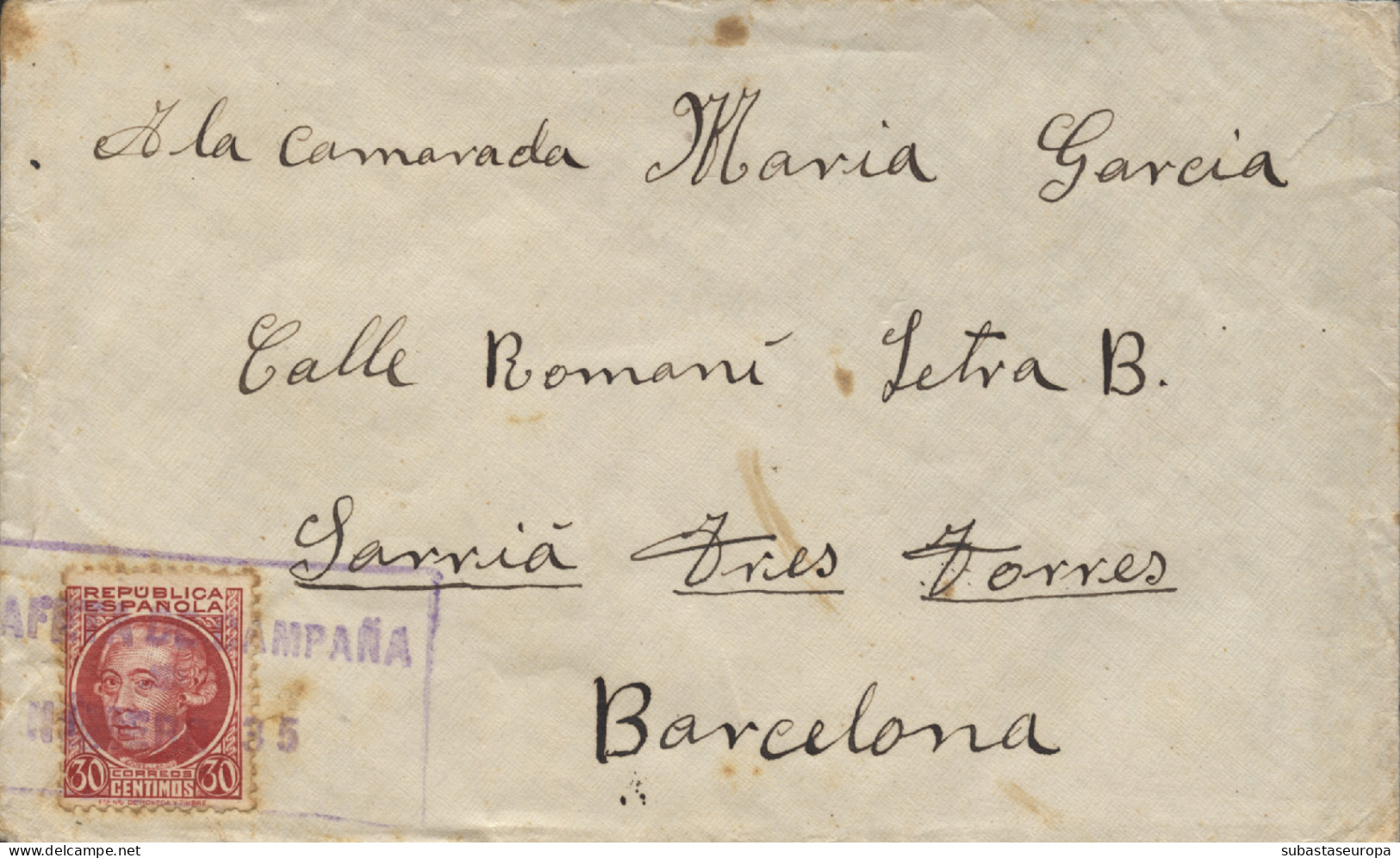 Carta Circulada Desde El Frente De Madrid A Barcelona. Matasellada Con Marca "Estafeta De Campaña Nº 35". - Marques De Censures Républicaines