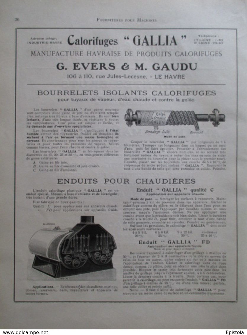 CALORIFUGE Ets Evers Gaudu Au Havre - Page De 1925 Catalogue Sciences & Tech. (Dims. Standard 22 X 30 Cm) - Altri Apparecchi