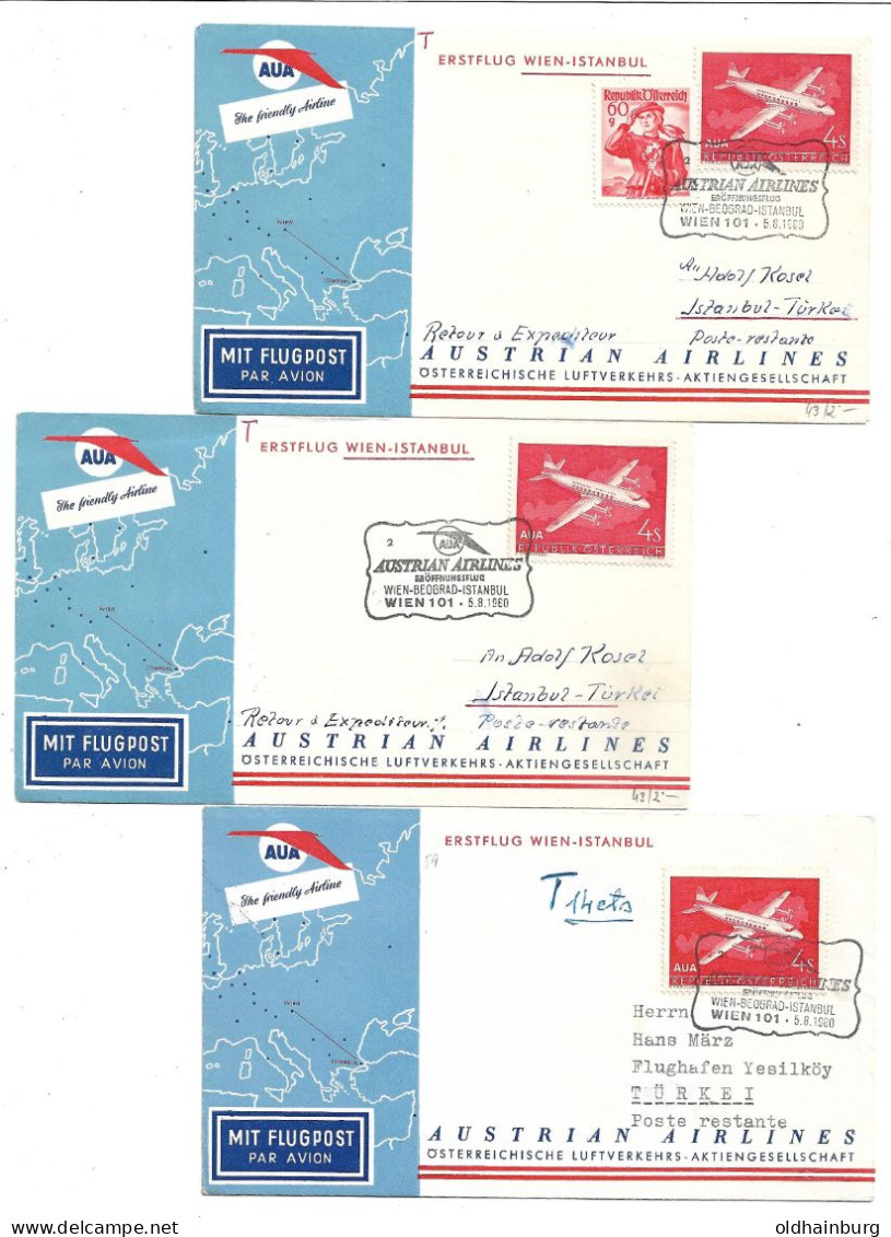 2246r: AUA- Austrian Airlines- Wien- Beograd- Istanbul 1960, 3 Varianten 5.8.1960 - Lettres & Documents