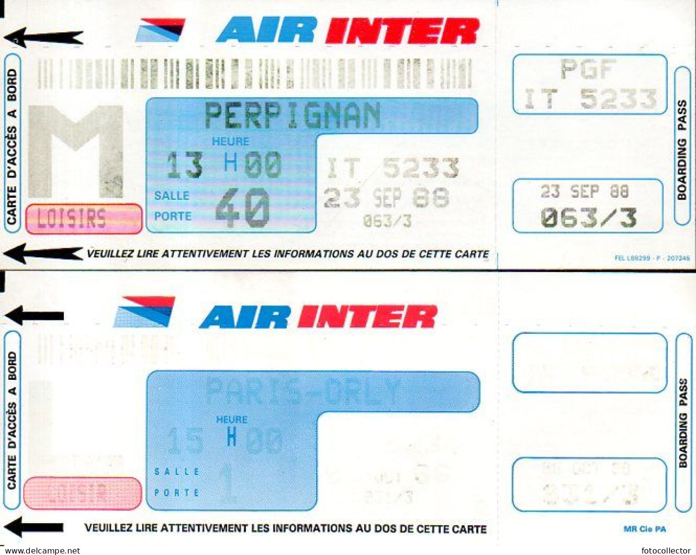 Carte D'embarquement Air Inter 23 Septembre 1988 - Boarding Passes