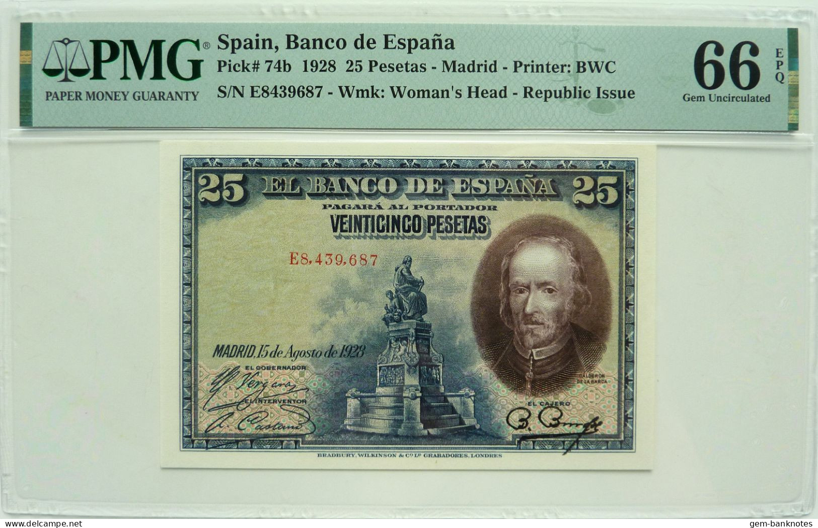 Spain 25 Pesetas 1928 P74b Graded 66 EPQ Gem Uncirculated By PMG - 25 Peseten