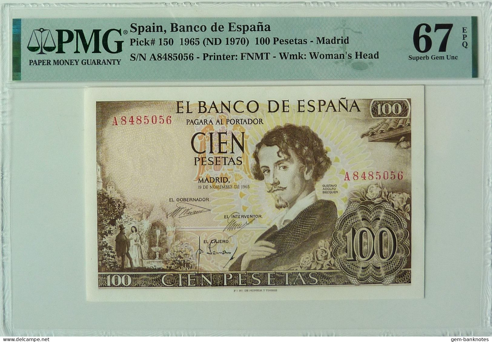 Spain 100 Pesetas 1965 (70) P150 Graded 67 EPQ SuperGem Uncirculated By PMG - 100 Peseten