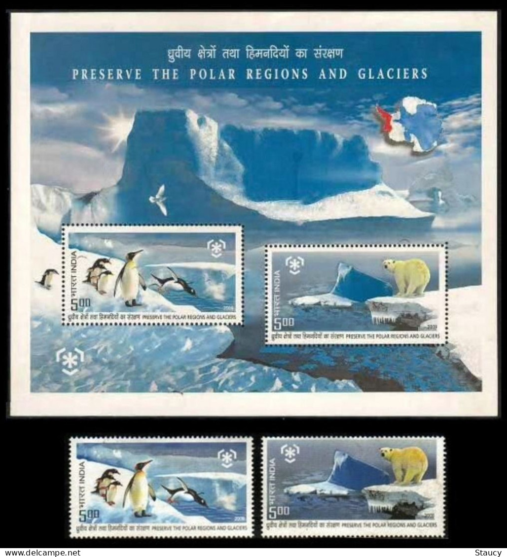 India 2009 Polar Regions And Glaciers Dolphins Polar Bear Stamps Set 2v Stamp + Miniature Sheet MNH As Per Scan - Préservation Des Régions Polaires & Glaciers