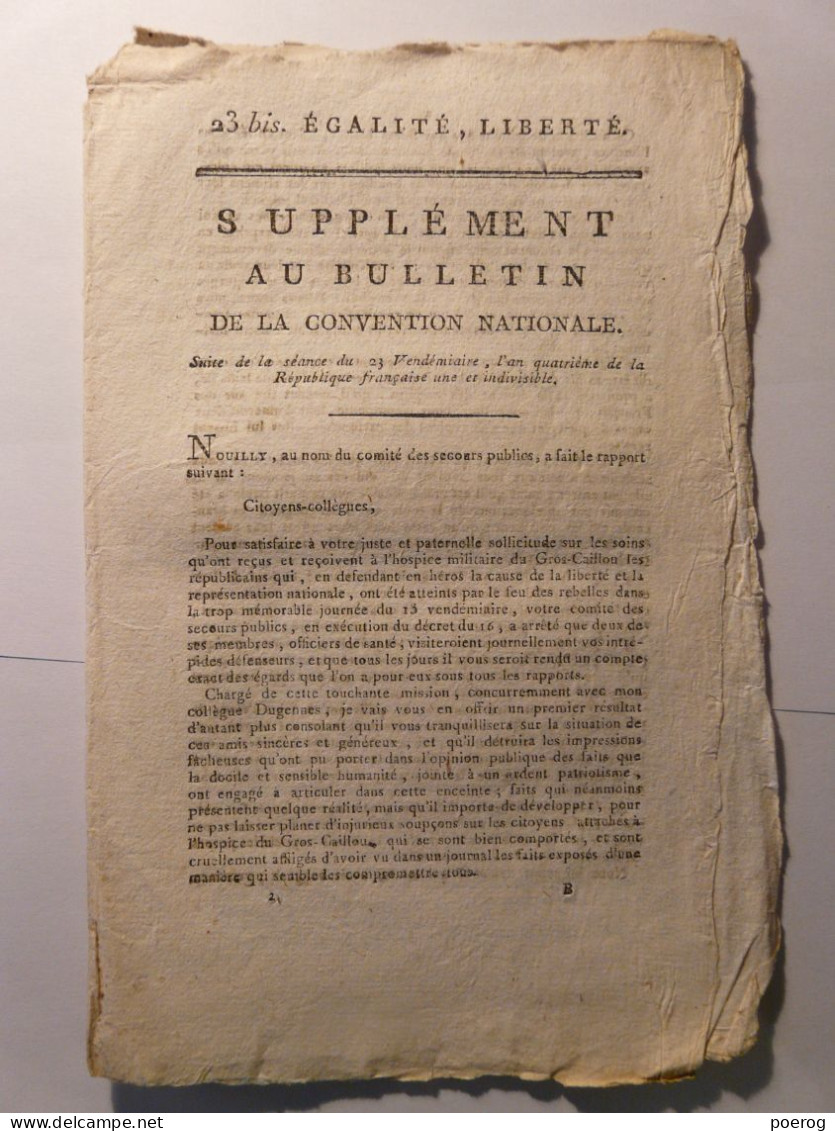 SUPPLEMENT BULLETIN CONVENTION NATIONALE 1795 - HOSPICE DU GROS CAILLOU - DESTITUTION DU MAIRE DE STRASBOURG - QUIBERON - Wetten & Decreten