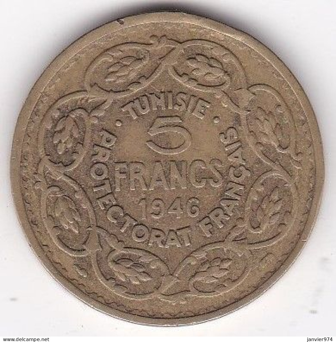 Protectorat Français. 5 Francs 1946 - AH 1365. Bronze -Aluminium, Lec# 312 - Tunesië