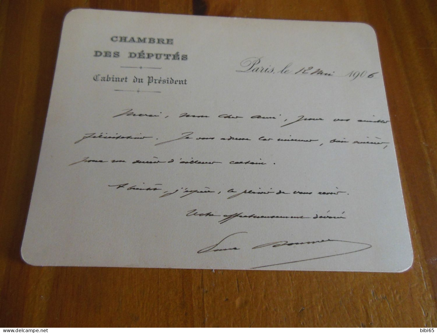 CHAMBRE DES DEPUTES CABINET DU PRESIDENT PAUL DOUMER CARTON AUTOGRAPHE TRES BEAU - Político Y Militar