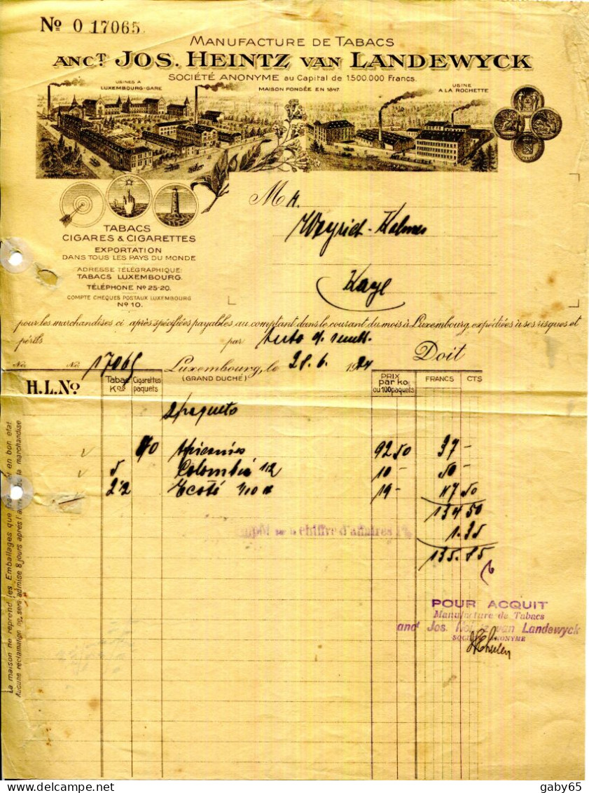 FACTURE.LUXEMBOURG.CIGARES.CIGARETTES.MANUFACTURE DE TABACS.JOS,HEINTZ VAN LANDEWICK. - Luxembourg