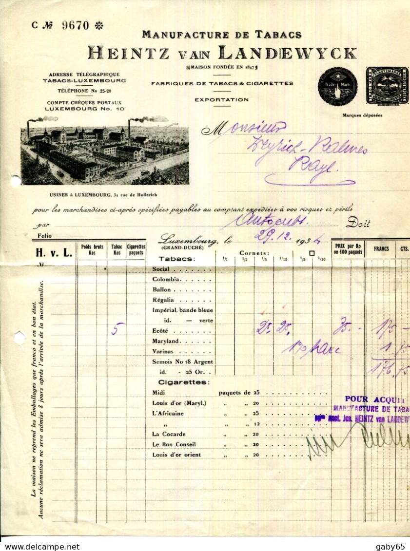 FACTURE.LUXEMBOURG.MANUFACTURE DE TABACS & CIGARETTES.HEINTZ VAN LANDEWICK.31 RUE DE HOLLERICH. - Luxembourg