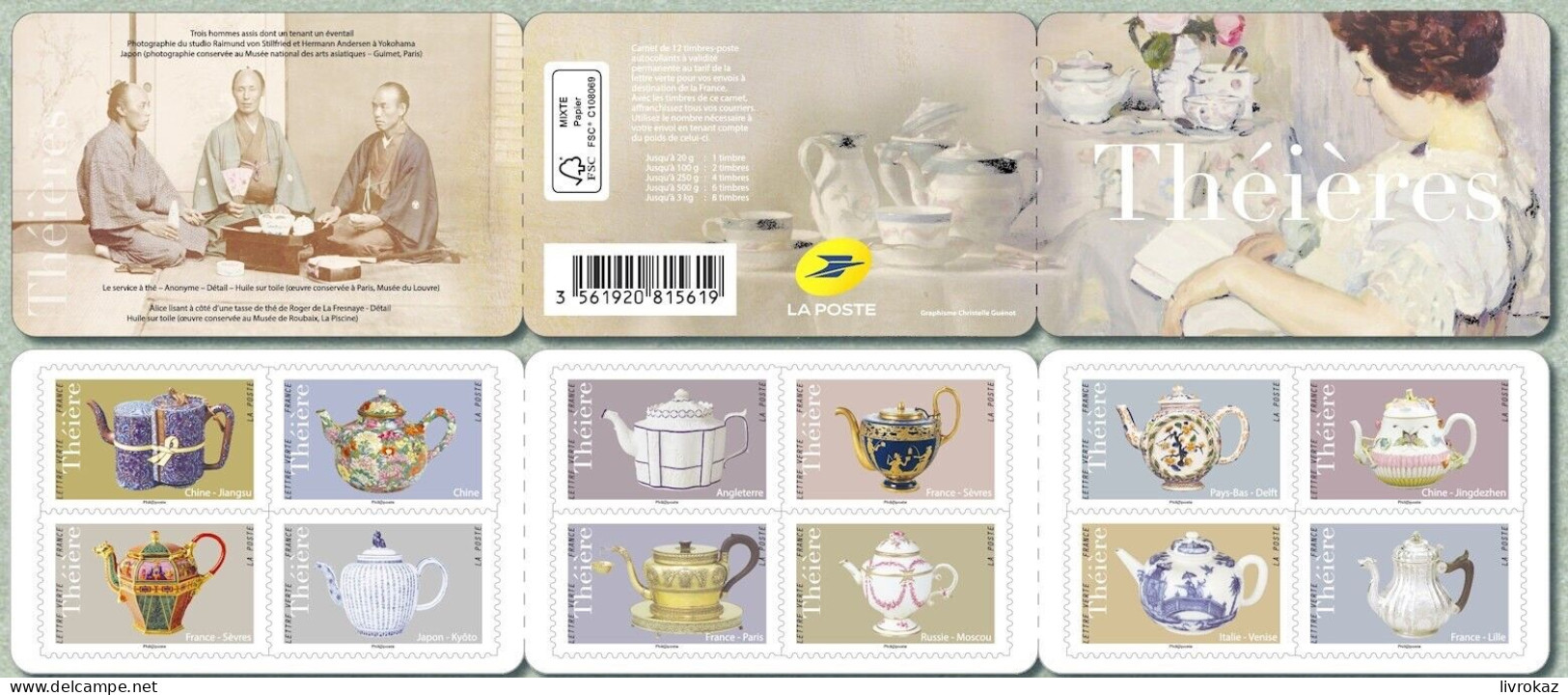 Other & unclassified - NEUF France CARNET 2018 de 12 timbres autocollants  THEIERES Lettre Verte (non plié) Japon Chine BC1617