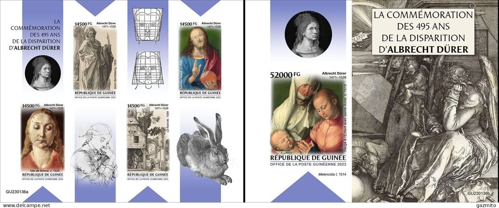 Guinea 2023, Art, Durer, 4val In BF +BF IMPERFORATED - Incisioni