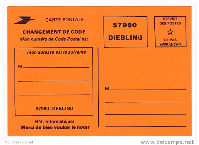 CODE POSTAL - Carte Postale De Service - 57980 DIEBLING - Changement De Code Postal - Sonderganzsachen