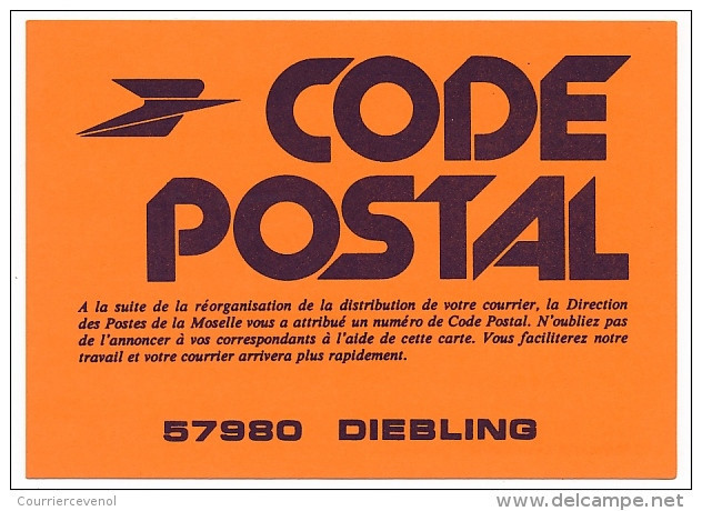 CODE POSTAL - Carte Postale De Service - 57980 DIEBLING - Changement De Code Postal - Sonderganzsachen