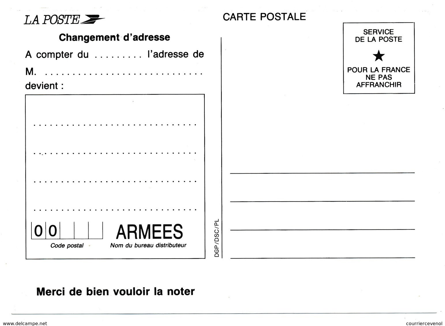 FRANCE - Carte Pour Changement D'adresse - Et Surtout N'oubliez Pas Notre Code Postal - 00 ___ ARMÉES - Pseudo-officiële  Postwaardestukken